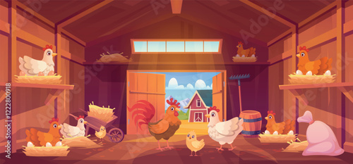 Chicken coop. Cartoon henhouse wooden barn inside interior, poultry pasture farmhouse with chickens rooster eggs domestic bird indoor shed farm house, swanky vector illustration