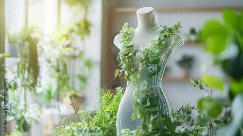 A dress form adorned with greenery in a bright, plant-filled space.