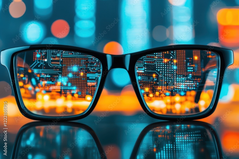 Futuristic eyeglasses reflecting digital circuit board and city lights at night