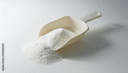 Scoop of white powder. Hydrolyzed collagen. Sodium Benzoate, Citric Acid, Calcium Carbonate, Pectin photo