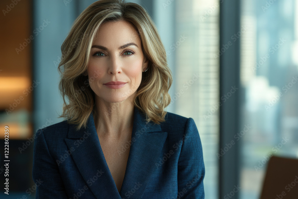 Confident businesswoman in a navy blue blazer, professional headshot against a blurred office background.