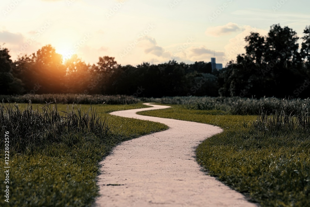 Winding path through a green field at sunset. Winding path through a green field at sunset.