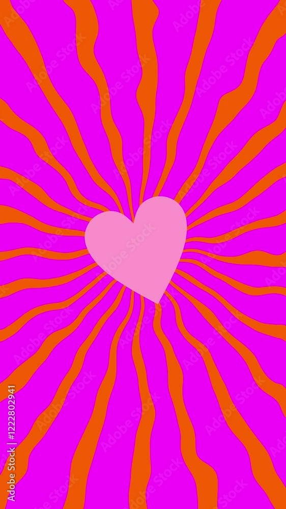 Small Pastel Pink Pulsing Heart On A Psychedelic Background Loop With Wavy Rays Spinning Around. Vibrant Pink Wavy Stripes Spinning in a Circle on an Orange Looped Backgound. Valentine's Day Animation