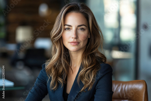 Wallpaper Mural Portrait of a confident businesswoman with long brown hair, dressed in a dark blazer, in a modern office setting. Torontodigital.ca