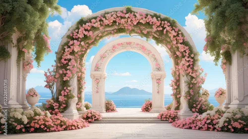 Fototapeta premium A whimsical scene featuring a grand, white archway adorned with intricate designs,