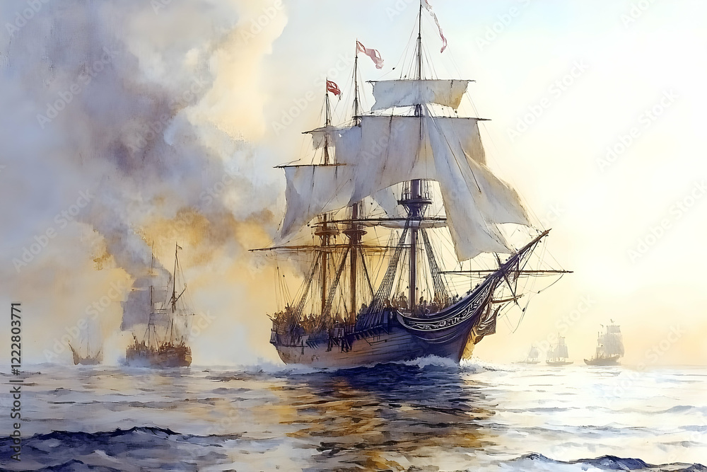 Obraz premium Ocean battle; sailing ship fleet; sunrise smoke