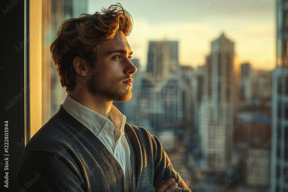 A young man with curly hair, dressed in a cardigan and shirt, gazes out a window at a city sunset. A young man with curly hair, dressed in a cardigan and shirt, gazes out a window at a city sunset.