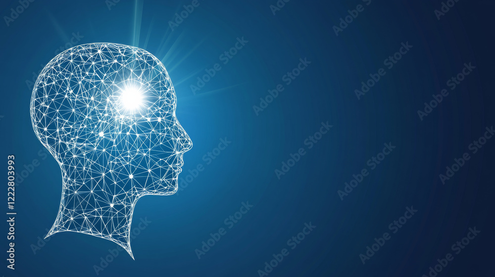 Obraz premium Digital wireframe head with glowing brain on blue background
