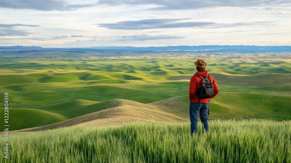 Man Admires Rolling Green Hills Landscape Man Admires Rolling Green Hills Landscape