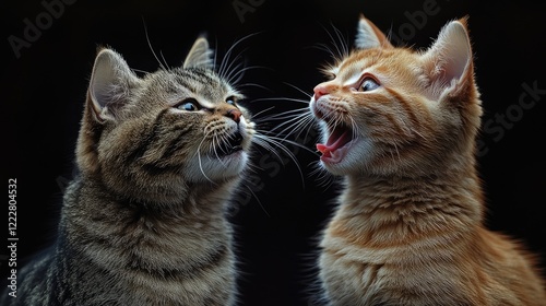 Two tabby cats are playfully interacting on a black background.