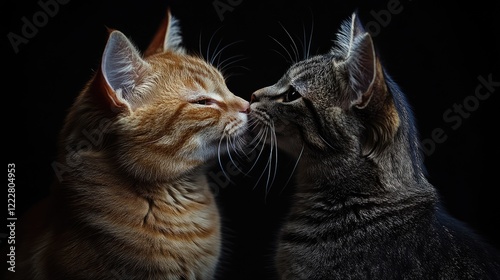 Two tabby cats are playfully interacting on a black background.