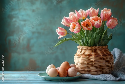 Spring Themed Easter Table with Tulips and Decorated Eggs Near a Window