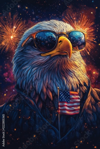 Majestic Patriotic Eagle Wearing Sunglasses with Vibrant Fireworks Display at Night