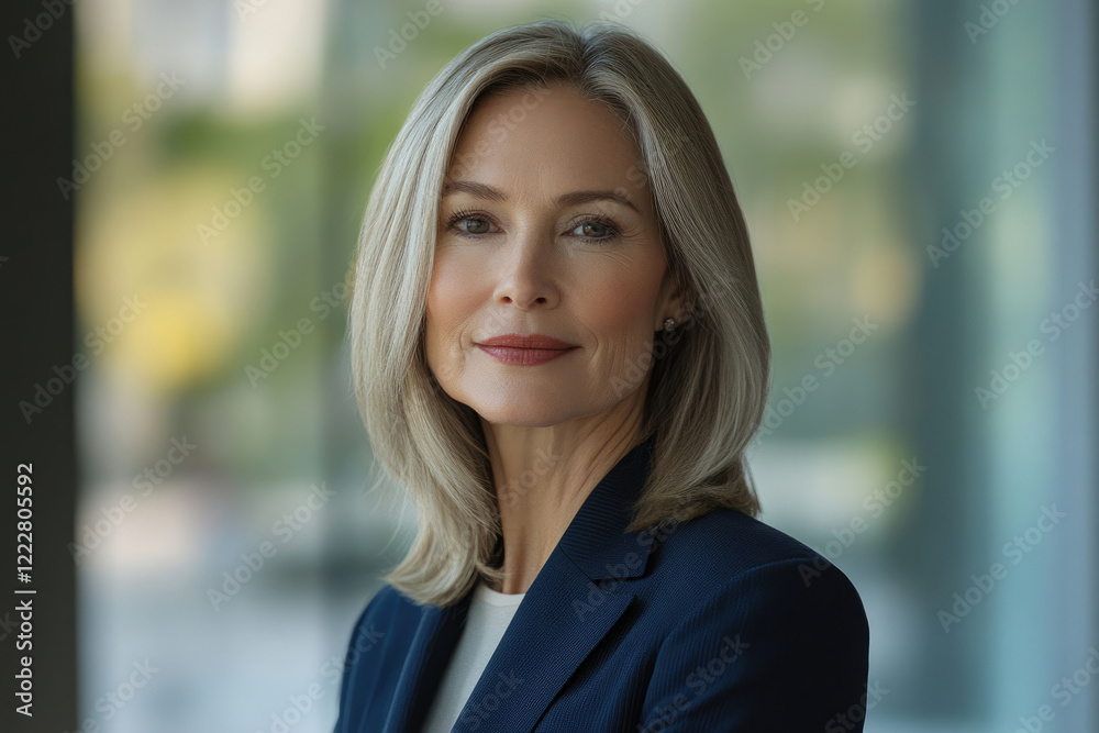 Confident mature woman in business attire, exuding professionalism and success.