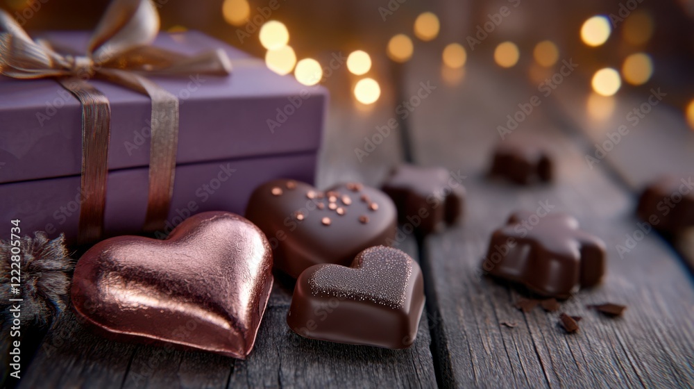 Valentine special unwrapped chocolates in artistic shapes like love letters and stars, with glossy finishes in shades of copper and blush, arranged near a luxurious lavender box with a wide gold Valentine special unwrapped chocolates in artistic shapes like love letters and stars, with glossy finishes in shades of copper and blush, arranged near a luxurious lavender box with a wide gold