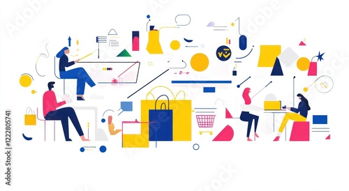 A vibrant illustration depicting shopping and leisure activities in a modern style.