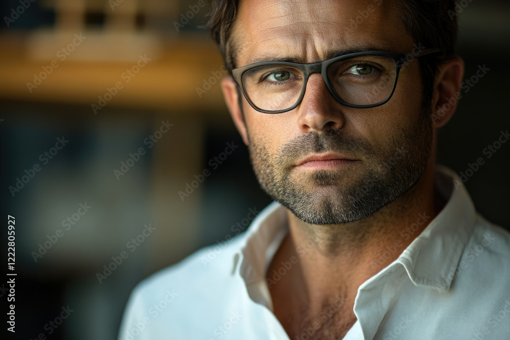 Close-up portrait of a serious, bearded man wearing glasses. Close-up portrait of a serious, bearded man wearing glasses.