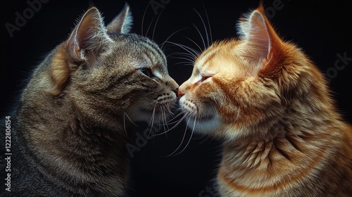 Two tabby cats are playfully interacting on a black background. photo