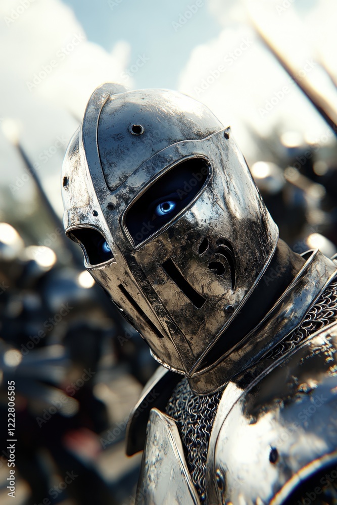 Fototapeta premium Medieval knight in armor staring with intensity on battlefield