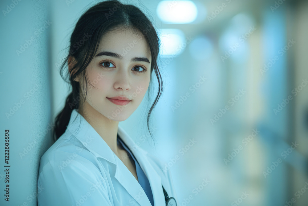A young female doctor, serene and confident, leans against a wall in a hospital corridor. A young female doctor, serene and confident, leans against a wall in a hospital corridor.