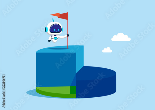 Robot holding flag standing on pie chart win over competitors. Looking at success. Corporate of success. Vector illustration flat design.