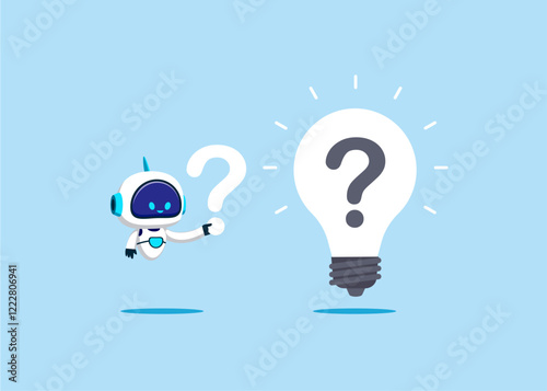 Robot decides solving problem, answer to hard question or innovation help business success. Flat vector illustration