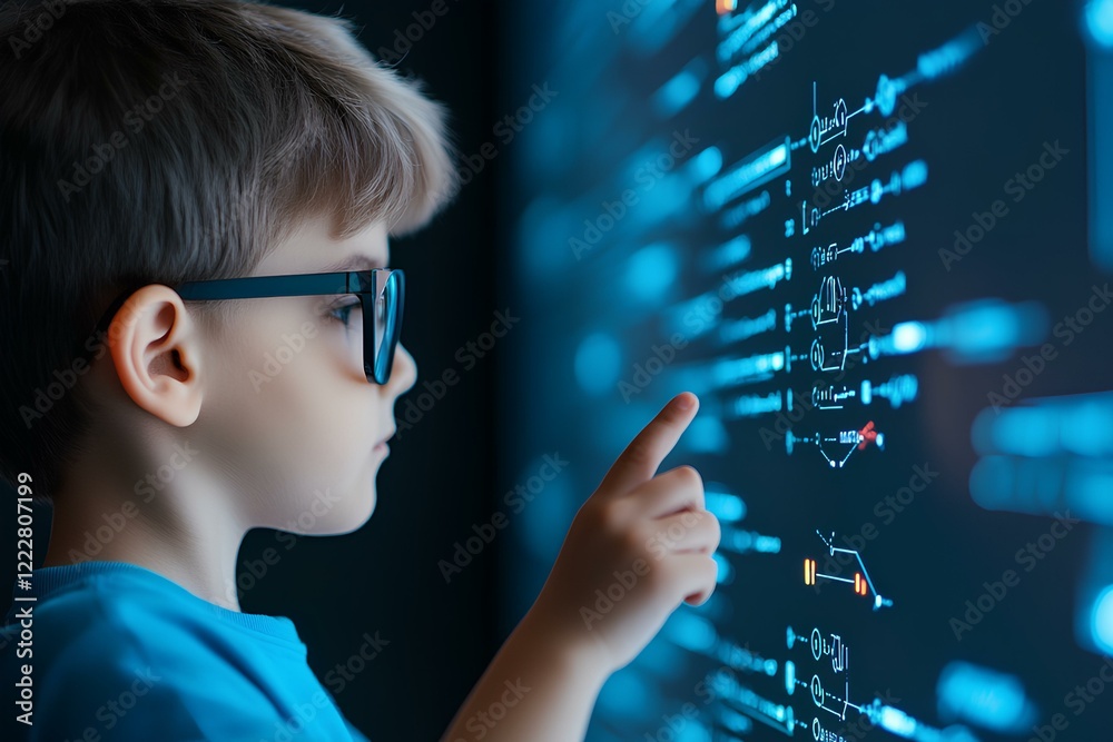 Child analyzing data with AI programs on a futuristic interface, space for text. Child analyzing data with AI programs on a futuristic interface, space for text.