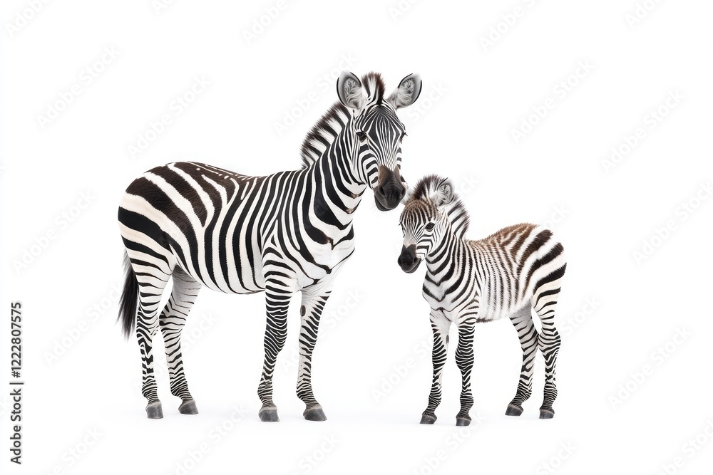 Fototapeta premium A mother zebra and her young foal stand together in a bright, minimalistic setting, symbolizing family bonds