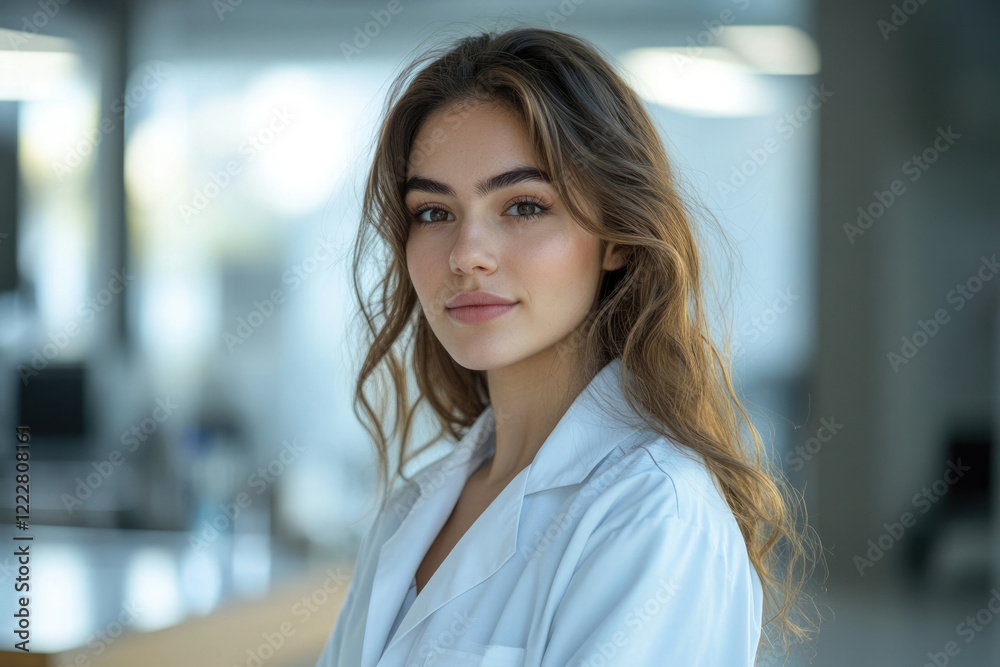 A young woman with long brown hair, wearing a white lab coat, looks directly at the camera. A young woman with long brown hair, wearing a white lab coat, looks directly at the camera.