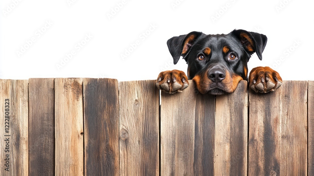 Fototapeta premium Curious Rottweiler puppy peeking over a rustic wooden fence against a white background.