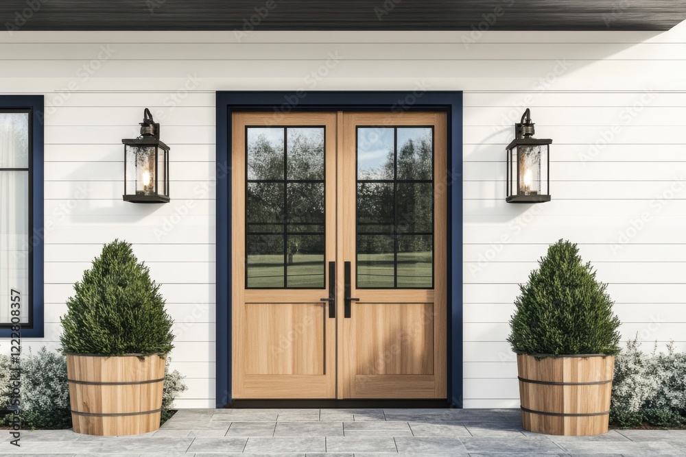 Fototapeta premium Front entrance of a modern house featuring wooden double doors, lanterns, and decorative planters in a serene outdoor setting during daylight hours