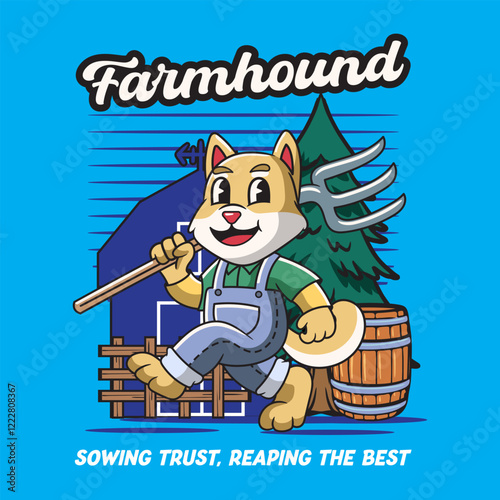 Cute Shiba Inu Dog Farmer holding Pitchfork Mascot Cartoon Character Illustration