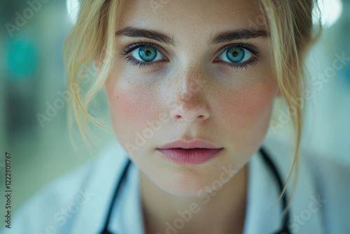 Close-up portrait of a young woman with blonde hair and blue eyes, wearing a white lab coat.