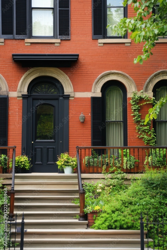 Beautiful brick house exterior with lush greenery in suburban neighborhood, highlighting the elegant entrance and staircase, showcasing details of architecture and landscaping Beautiful brick house exterior with lush greenery in suburban neighborhood, highlighting the elegant entrance and staircase, showcasing details of architecture and landscaping