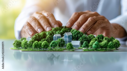 A person gently places their hands over a miniature model of a green landscape with buildings, symbolizing care for urban development and environmental balance.