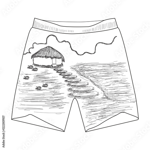 Black and White Line Art of Beach Shorts with Tropical Hut Design