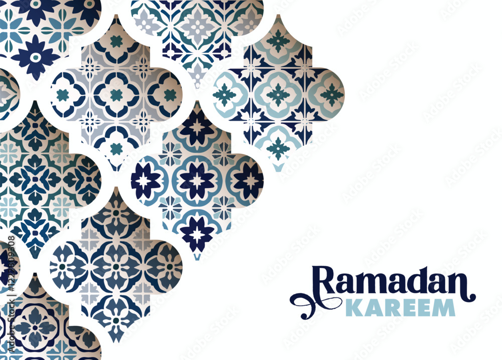 Blue ornamental arabic tiles, patterns through white mosque window. Greeting card, poster, invitation for Muslim holiday Ramadan Kareem. Vector illustration bacground, modern web banner.