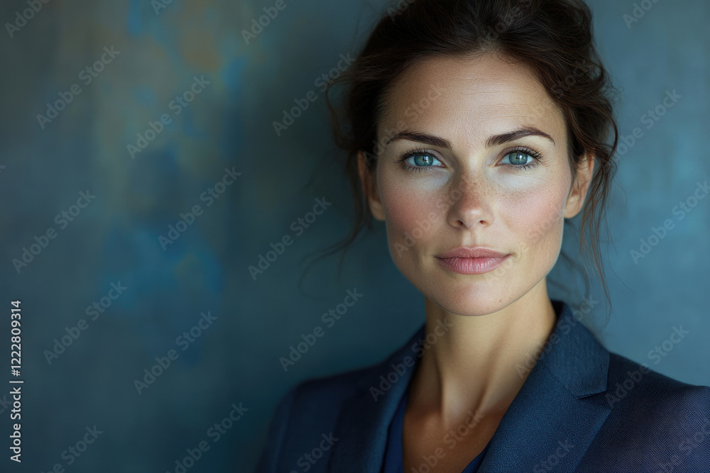 A confident woman with blue eyes and subtle freckles, wearing a dark blue blazer against a teal background. A confident woman with blue eyes and subtle freckles, wearing a dark blue blazer against a teal background.
