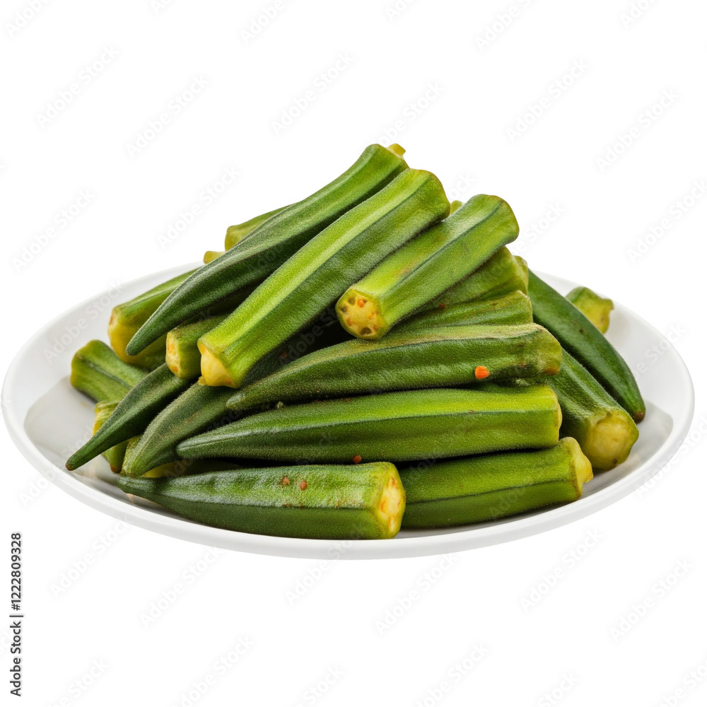 Plate of Spicy Pickled Okra Isolated on White Background Plate of Spicy Pickled Okra Isolated on White Background