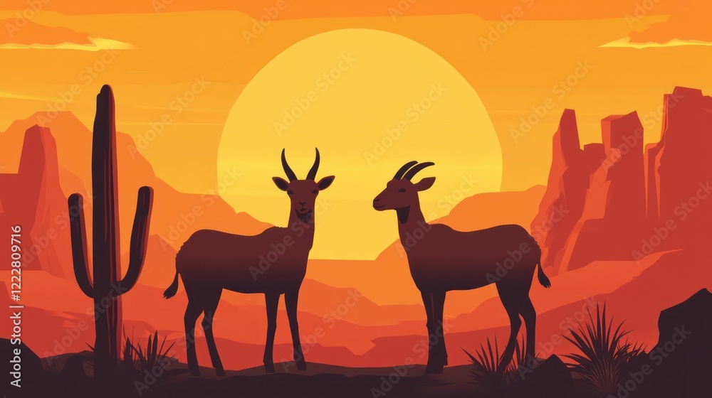 Desert Sunset Antelope Silhouette Landscape Desert Sunset Antelope Silhouette Landscape