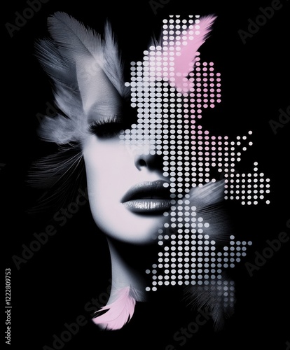 Digital art portrait with feathers geometric pattern