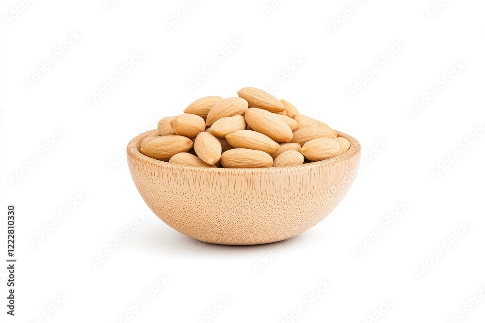 A wooden bowl filled with raw almonds, showcasing their natural color and texture against a white background A wooden bowl filled with raw almonds, showcasing their natural color and texture against a white background