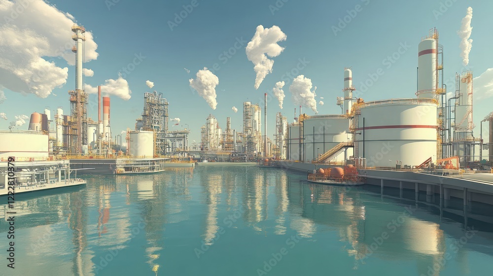 Naklejka premium Industrial Refinery Complex Beside Calm Water