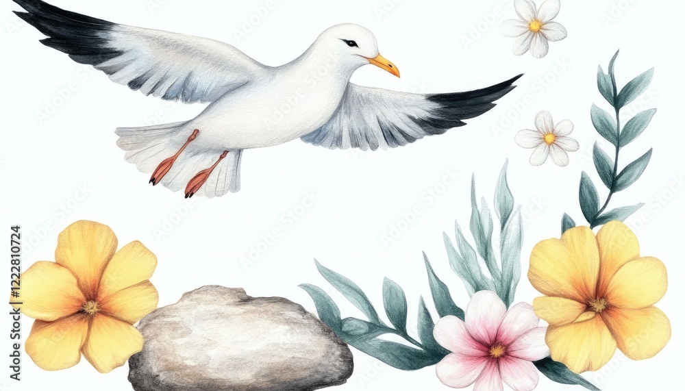 Obraz premium A graceful seagull in flight surrounded by vibrant flowers and greenery against a soft background