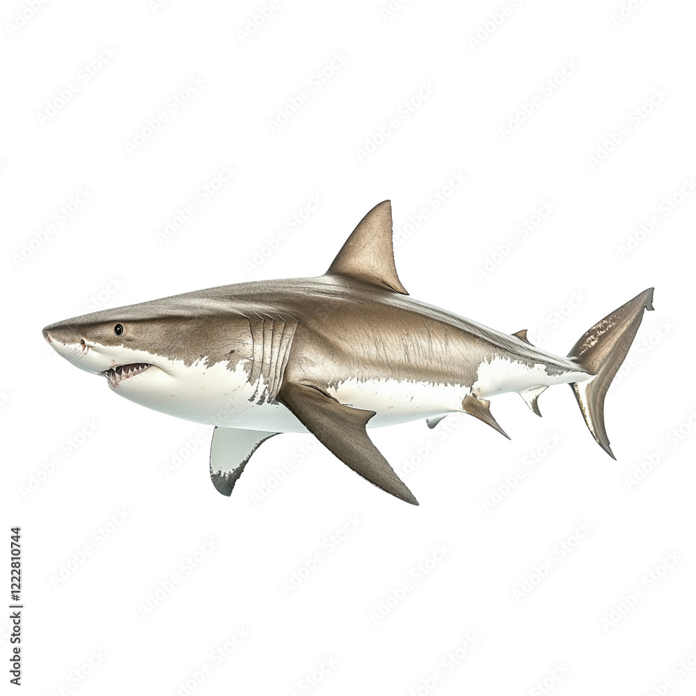 Obraz premium Realistic illustration of a great white shark in profile view, isolated on a transparent background. Ideal for marine life, ocean themes, and educational designs.