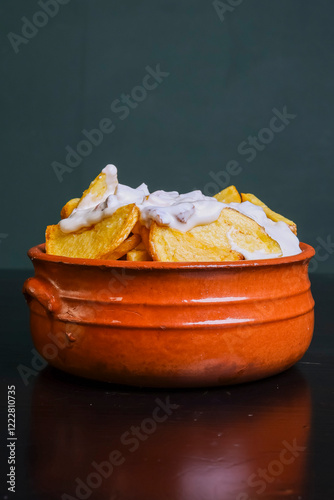 Patate tagliate a mano, fritte, condite con formaggio fuso e servite in una terrina di terracotta in un pub photo