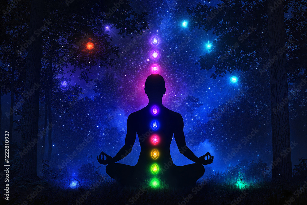 Meditating person with chakra colors in a starry forest background Meditating person with chakra colors in a starry forest background