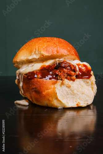 Panino ripieno di pulled pork. salsa bbq, provola affumicata fusa e formaggio fuso servito in un pub photo