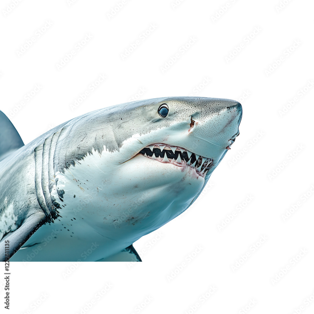 Fototapeta premium Realistic illustration of a great white shark in profile view, isolated on a transparent background. Ideal for marine life, ocean themes, and educational designs.