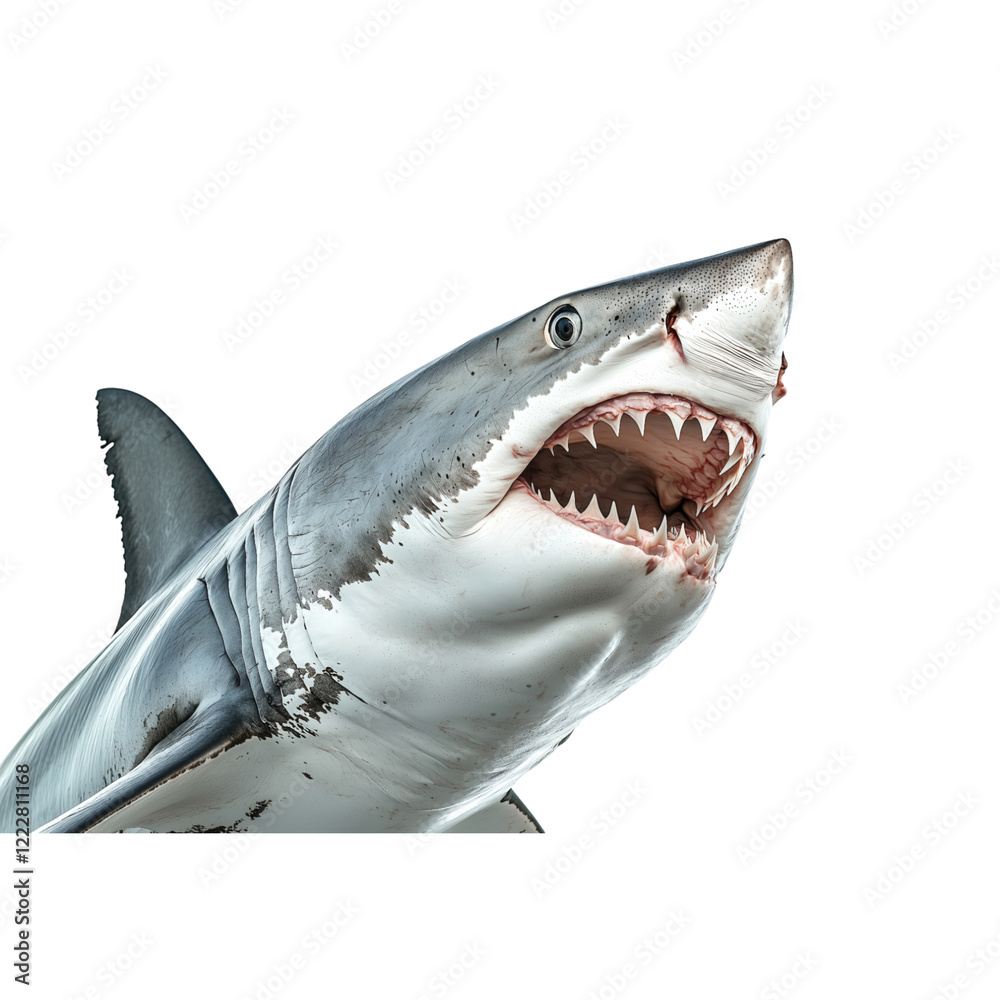 Naklejka premium Realistic illustration of a great white shark in profile view, isolated on a transparent background. Ideal for marine life, ocean themes, and educational designs.